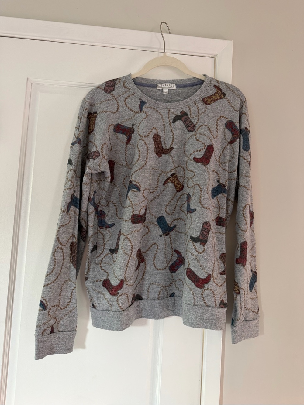 PJ Salvage Gray Crewneck Sweater with Multicolor Boot Print